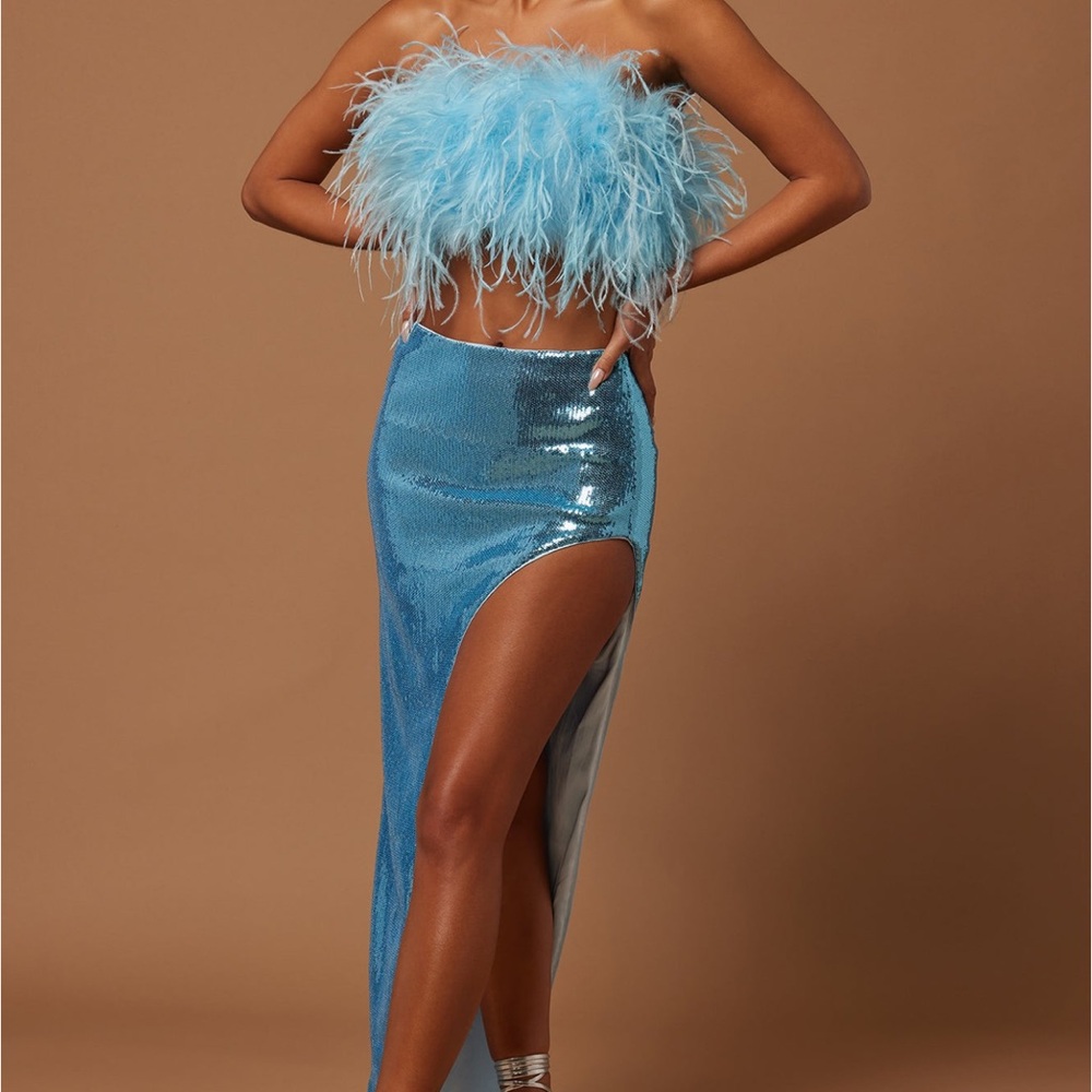 Fiona Feather Sequin Skirt Set Light Blue